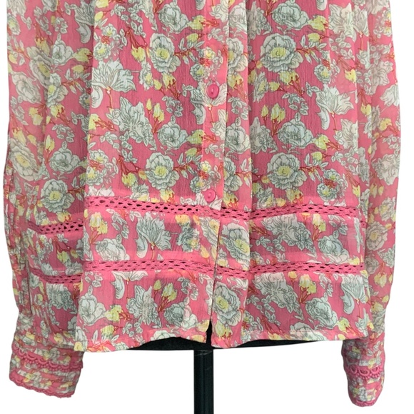 Anthropologie RannaGill Pink Floral Boho Pintuck Crochet Lace Chiffon Top S - Picture 6 of 13